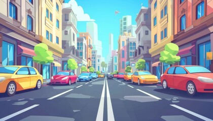 Vibrant city street scene. Sunny day in the city. Colorful city street view. Cartoon 2d cityscape illustration background.