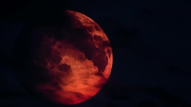 Spooky halloween night with a red moon peeking through dark clouds, setting a creepy atmosphere for the holiday