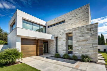 Fototapeta premium Modernist Stone Facade: Smooth stone veneer, clean lines, minimalist design, elegant, white