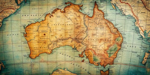 Naklejka premium Retro Australian map from a vintage school atlas, featuring classic geographical boundaries, nostalgic typography, and faded colors, evoking a bygone era of educational discovery.