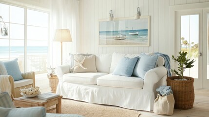 A beach-themed living room with a white slipcovered sofa, coastal decor, and light, airy colors.