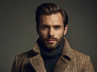 Obraz premium stylish man in a brown textured coat with beard and sharp look, ideal for fashion, lifestyle or men's grooming themes
