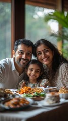 Happy Indian asian family having lunch at home and posing for photo, Generative AI