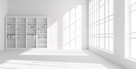 Obraz premium White room with a large window and a white bookshelf