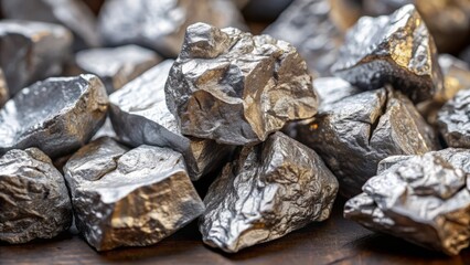 Rough, unprocessed chunks of raw silver ore glisten with metallic intensity, showcasing the natural beauty and potential value of this precious metal in its raw form.