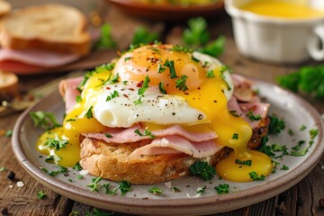 Eggs benedict with toast and ham