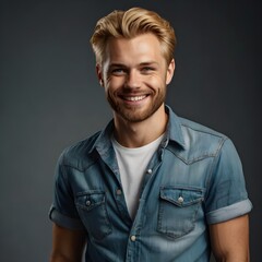 Fototapeta premium cheerful man with blonde hair in a light denim shirt, casual and confident vibe, perfect for lifestyle, fashion and summer-themed promotions