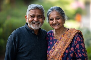 Indian happy senior couple jogging or taking a walk in the park, Generative AI