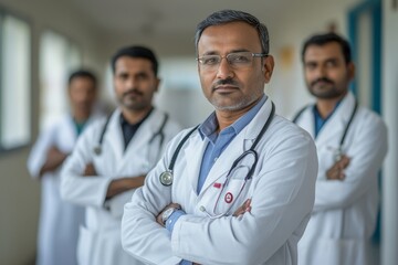 Group of Indian Doctors standing with hands folded, looking at camera, Generative AI
