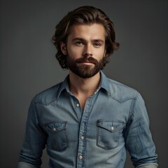 Obraz premium young man with long hair and a beard wearing a denim shirt, casual and trendy look, studio portrait showcasing modern men's fashion styles