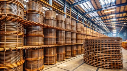Rustic iron reinforcing bar coils stacked on pallets in a warehouse, awaiting use in construction projects, exemplifying industrial strength and building foundation.