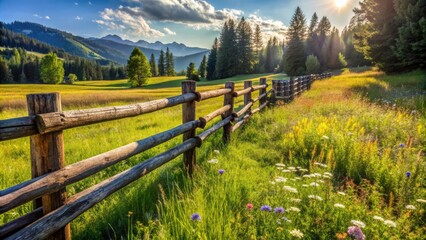 Obraz premium Rustic wooden fence units with weathered planks and metal posts stand in a rolling green meadow surrounded by trees and wildflowers on a sunny day.