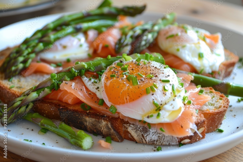 Poster Eggs with salmon and asparagus on toast