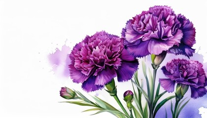 Beautiful purple carnations with lush green leaves, captured in a vibrant watercolor style, perfect for floral designs and decorations.