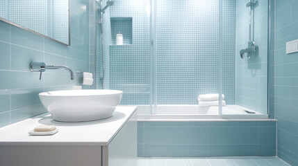 A minimalist bathroom with pastel blue tiles, a clean white sink