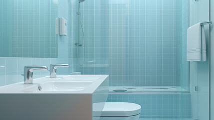 Fototapeta premium A minimalist bathroom with pastel blue tiles, a clean white sink