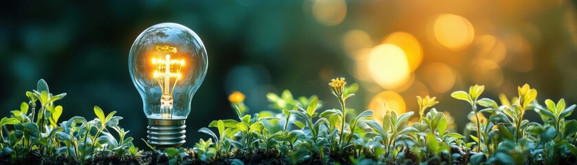 Fototapeta premium Eco-Friendly Energy Concept with Light Bulb in Greenery at Sunset
