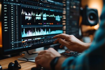 editor hands showing adjusting video editing timeline on a computer screen