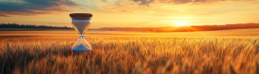 Obraz premium Hourglass in a Golden Wheat Field at Sunset Symbolizing the Passage of Time and Natural Beauty