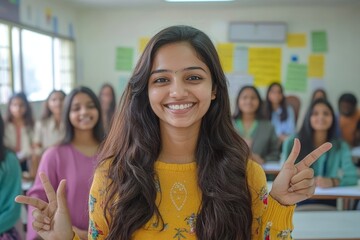 Successful Indian female student with group of college students at classroom of university, Generative AI