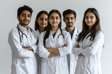 Group portrait of four indian asian young doctors in uniform standing against white background, Generative AI
