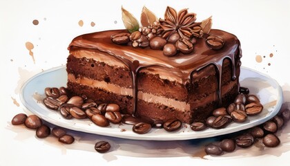 Indulge in this rich chocolate cake, layered delicately with creamy filling and topped with coffee beans for extra flavor.