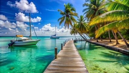 Serene pier stretches into calm turquoise waters, moored sailboat and yacht bob gently alongside, with lush green palm trees swaying in the background.