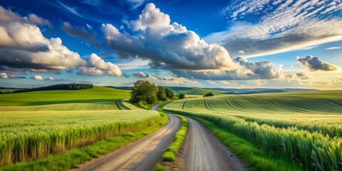 Fototapeta premium Serene rural landscape featuring a winding gravel road bordered by lush green wheat fields under a vast blue sky with puffy white clouds.