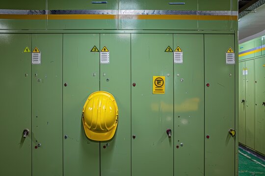 Factory workers use changing room with numbered cabinets and wear hard hats - Powered by Adobe