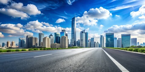 Obraz premium Serene urban landscape featuring a deserted asphalt road, towering skyscrapers, and sleek city architecture set against a clear blue sky with fluffy white clouds.