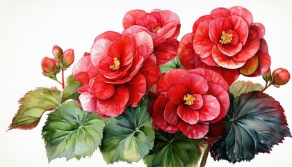 Vibrant red begonia flowers with lush green leaves, perfect for adding a touch of nature's beauty to any design or project.