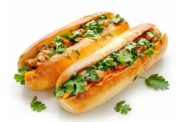 Famous Vietnamese street food is Banh Mi Thit a bread filled with grilled pork and fresh herbs