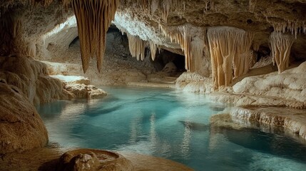 Naklejka premium Imagine swimming in a cave pool, the cool water and unique rock formations creating a mystical environment.