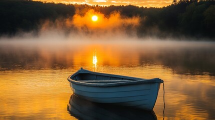 Serene Sunrise with Rowboat on Misty Lake