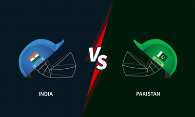 India vs Pakistan illustration cricket match helmets. IND vs PAK vector illustration flags on helmet isolated on dark blue and green background