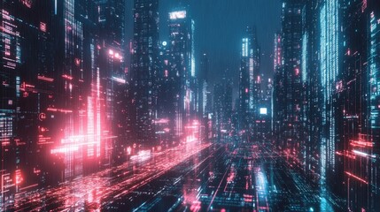 Obraz premium A futuristic cityscape with interconnected digital data streams and networks.