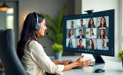 Confident Indian Woman Communicating with Colleagues on a Video Call