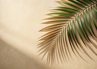 Obraz premium Soft natural palm leaf shadow naturally falls on a light beige sandy background, providing ample copyspace for text, evoking a sense of summer serenity and minimalism.