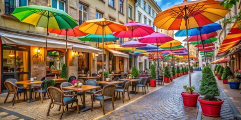 Colorful Umbrellas Line a Cobblestone Street in a European Town, Street Cafe, Europe, Travel, Patio