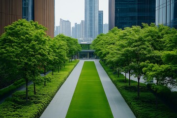 Urban green space with skyscrapers and modern buildings
