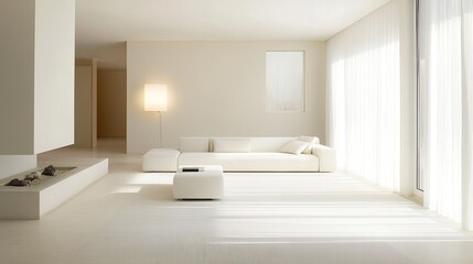 A minimalist living room with a white sofa, clean lines, and a monochromatic color scheme.