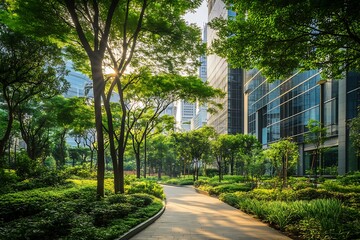 Urban green space with skyscrapers and modern buildings