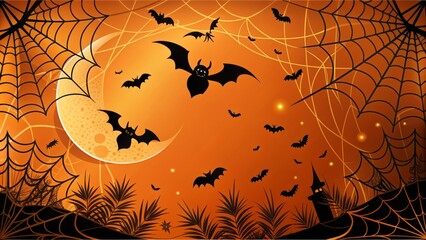 Spooky orange and black invitation with a crescent moon, bats, and spider webs, perfect for a haunting Halloween party or eerie autumn gathering.