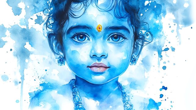 Watercolor illustration of hindu god krishna.