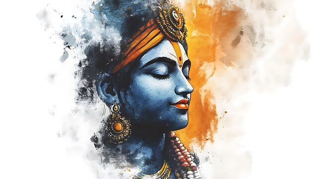 Watercolor illustration of hindu god krishna.