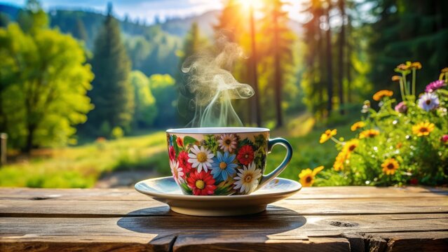 Steaming hot coffee fills a ceramic mug with a vibrant floral design, sitting freely on a rustic wooden table surrounded by nature's tranquility.