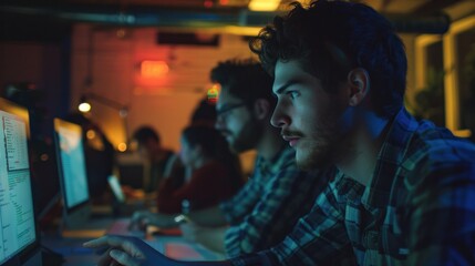 Startup team testing a new software feature, with focused expressions and a sense of urgency, illustrating problem-solving and attention to detail.