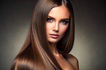 Fototapeta premium Stunning female with luscious, shiny brown straight long hair, showcasing a flawless keratin treatment, highlighting spa care and smooth hairstyle perfection.
