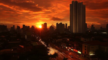 Obraz premium Sunset Cityscape Silhouette, Skyscraper Reflections on Urban Ambition, Bustling Street Life Pulse, Warm Hues of Progress and Aspiration, Urban Photography Style