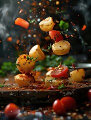 Dynamic Floating Patatas Bravas Ingredients in Motion, Vibrant Spanish Dish